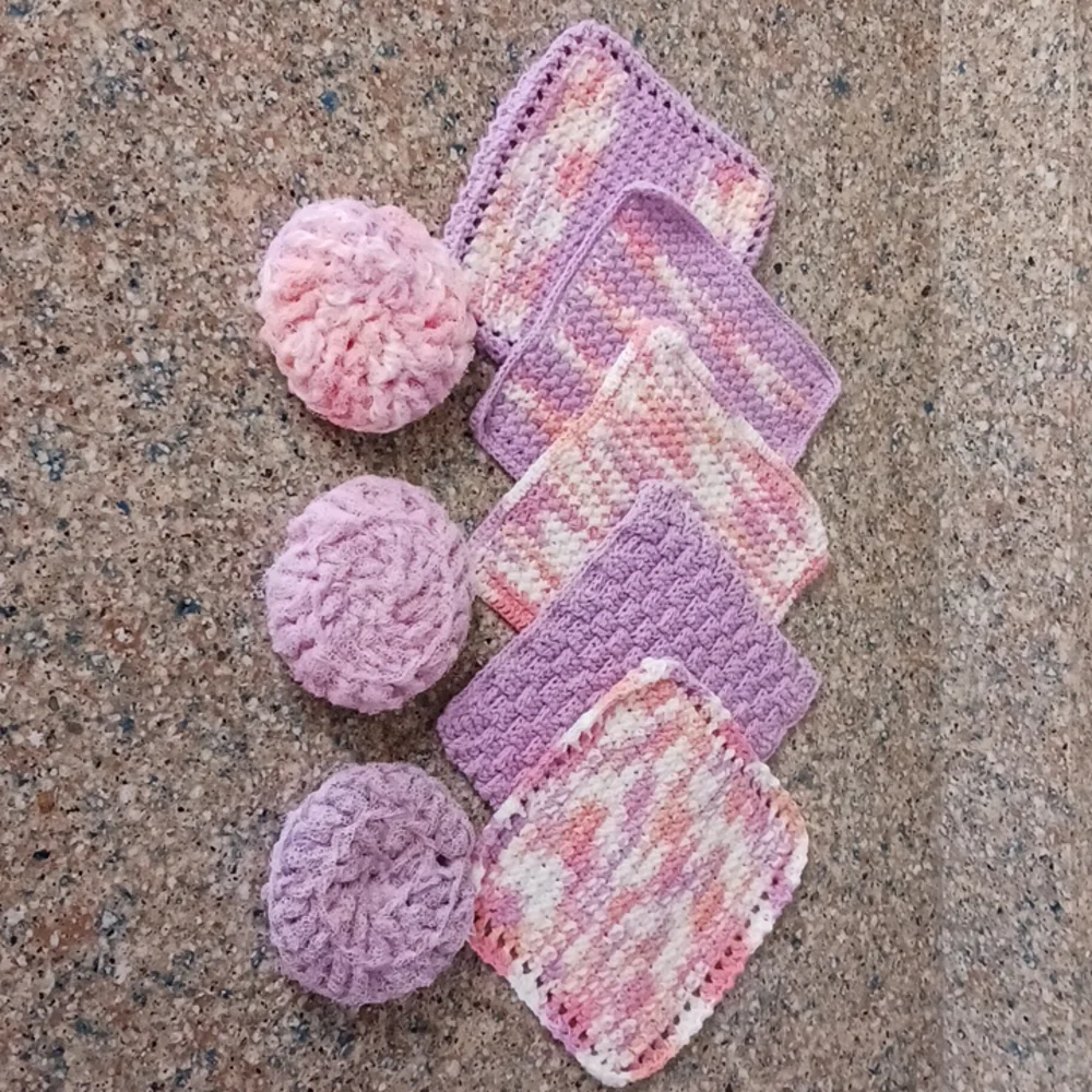 Hostess Set 5 dishcloths 3 scrubbies crochet handmade Purple Pink Spring